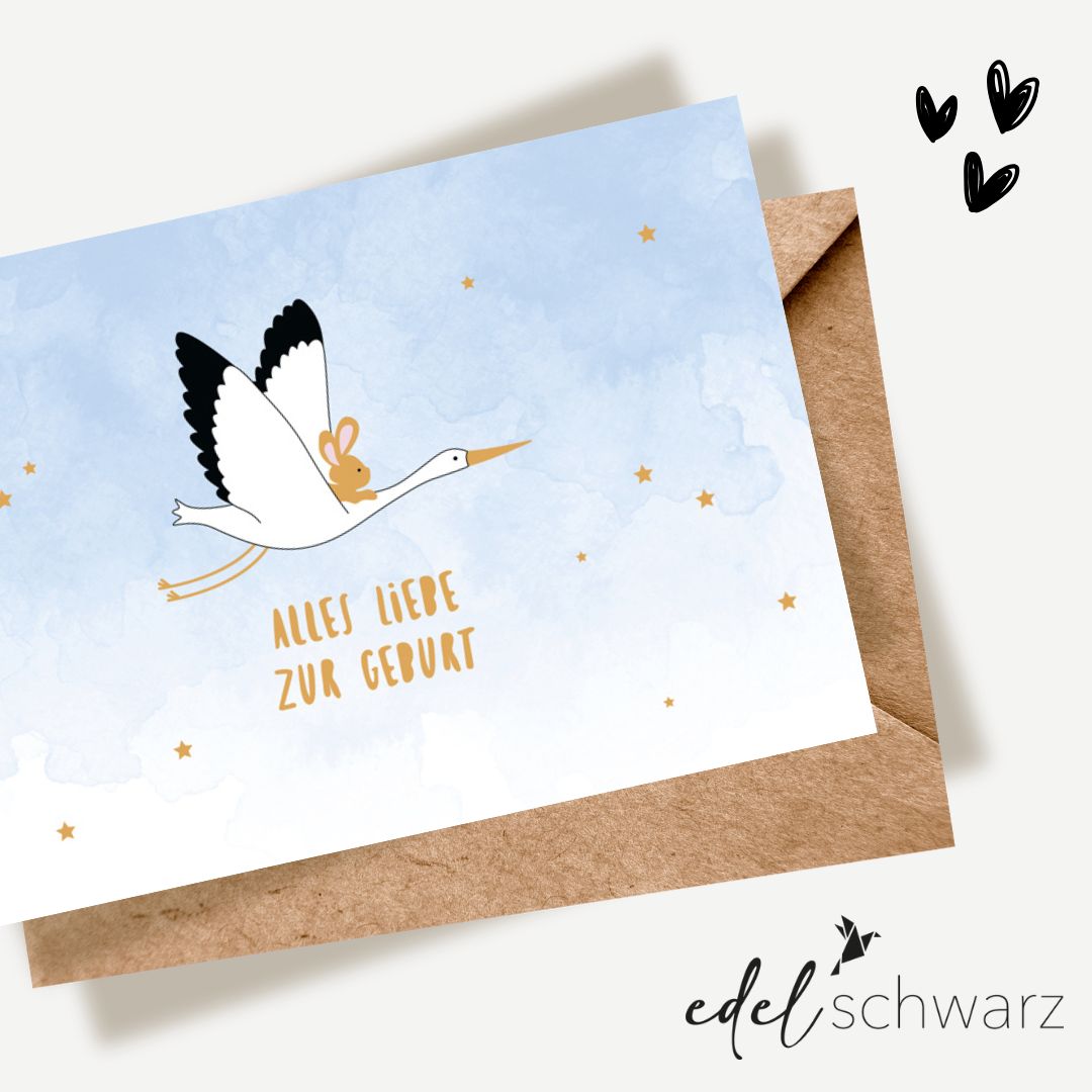Edelschwarz Doppelkarte -Hasenbaby fliegt mit Storch