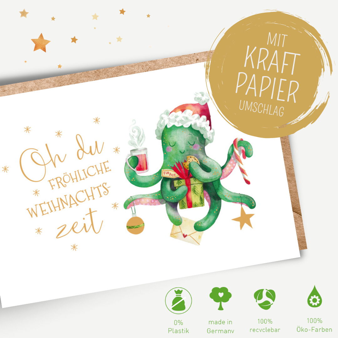Green Karma XMAS Doppelkarte - Oktopus in Weihnachtsstimmung