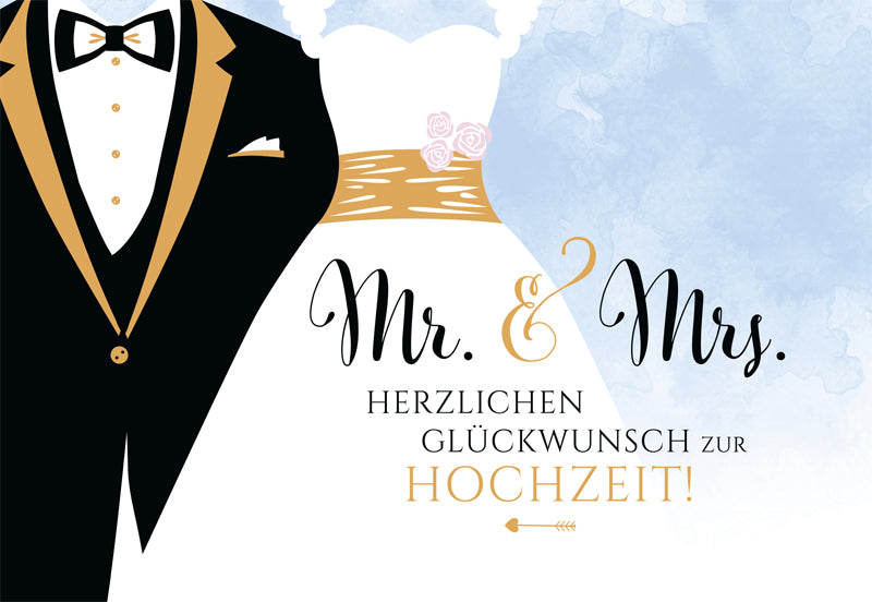 Edelschwarz Doppelkarte - Mr. und Mrs. – Brautkleid und Anzug