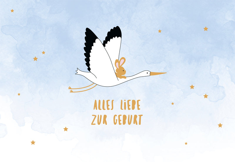 Edelschwarz Doppelkarte -Hasenbaby fliegt mit Storch