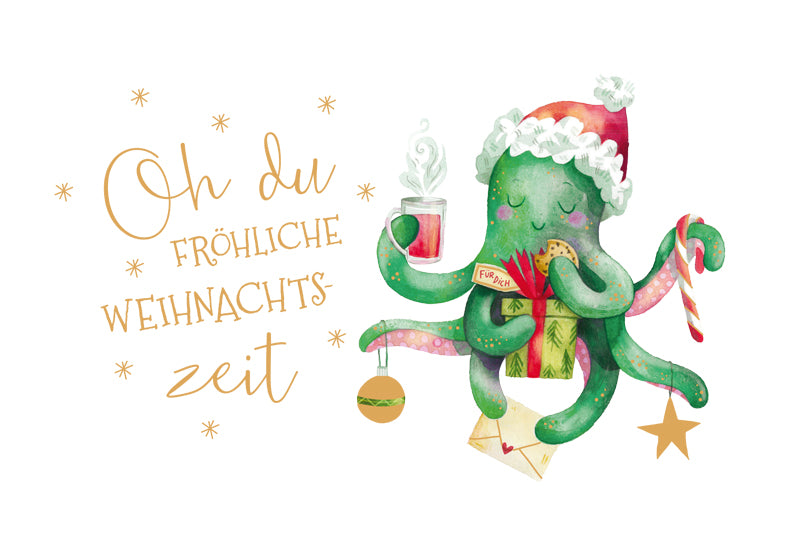 Green Karma XMAS Doppelkarte - Oktopus in Weihnachtsstimmung