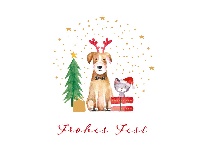 Green Karma XMAS Postkarte - Haustiere feiern Weihnachten