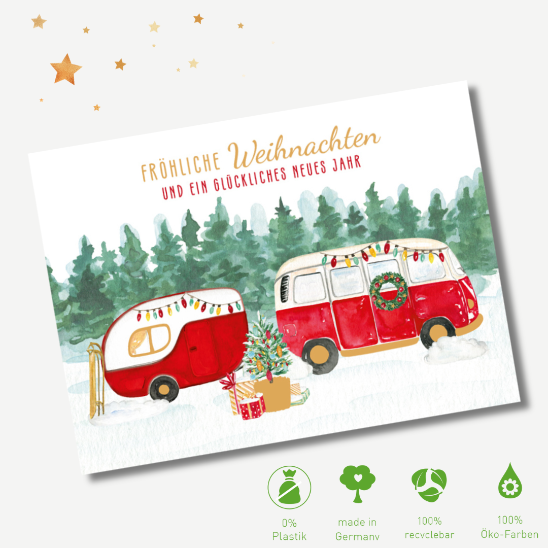 Green Karma XMAS Postkarte - Weihnachtlicher Camper