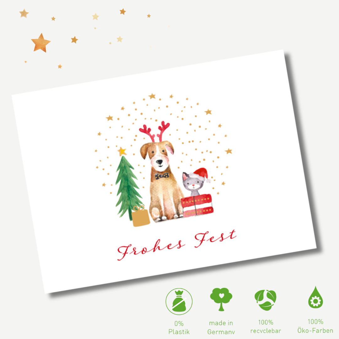 Green Karma XMAS Postkarte - Haustiere feiern Weihnachten