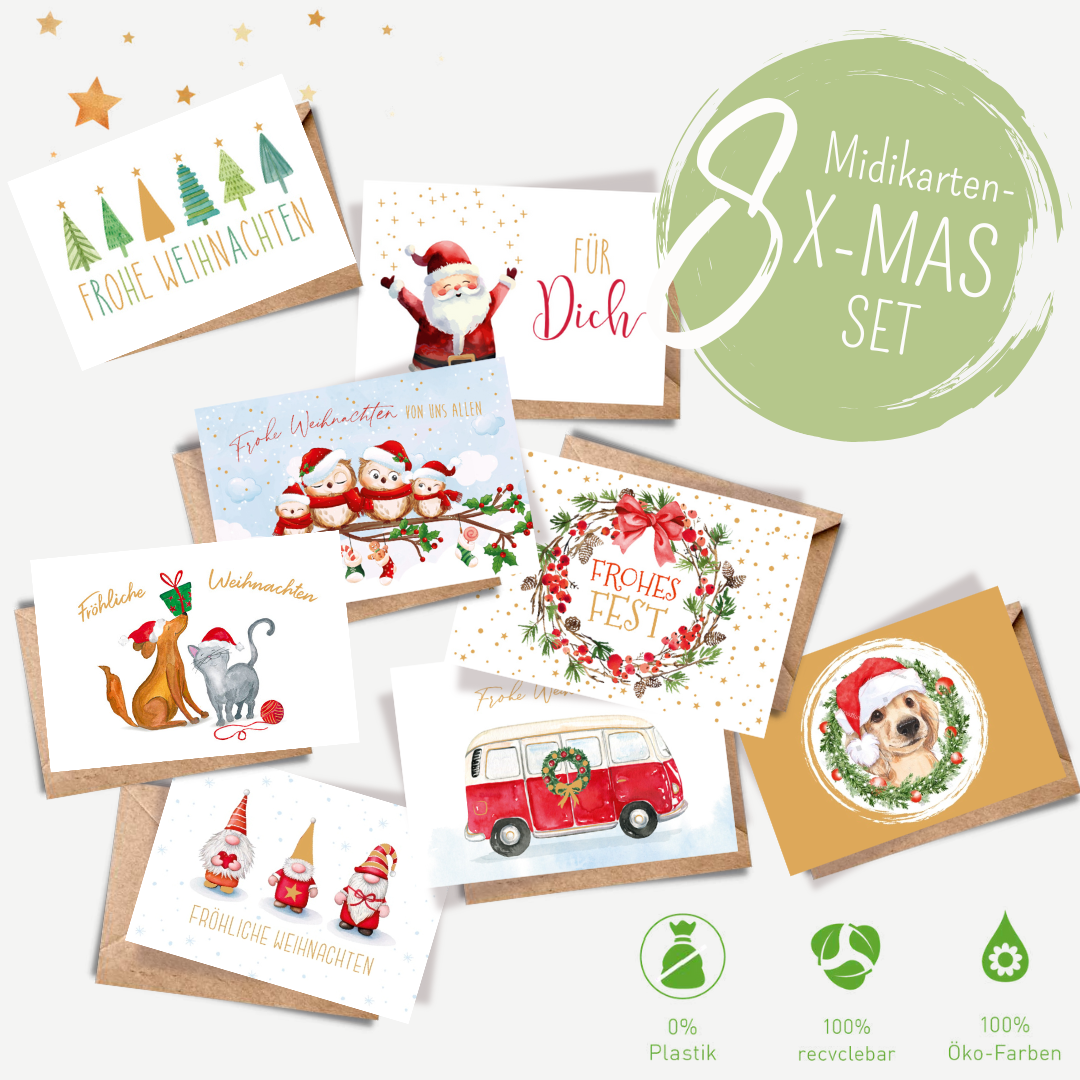 8er  X-MAS Midikarten-Set: Bunte Weihnachtszeit