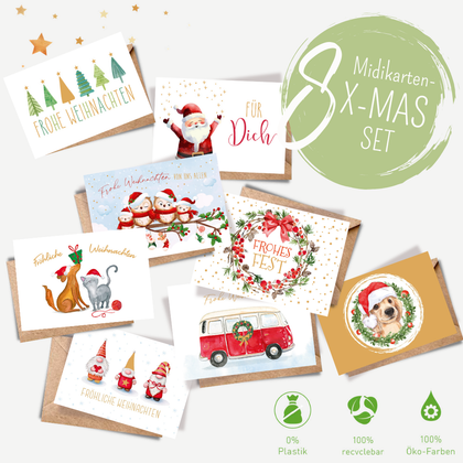 8er  X-MAS Midikarten-Set: Bunte Weihnachtszeit
