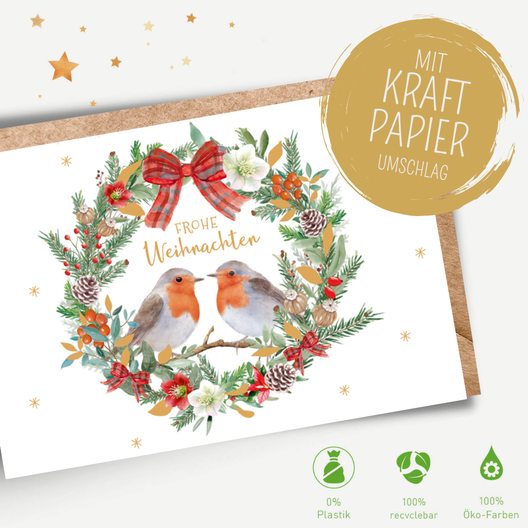 Green Karma XMAS Doppelkarte -  Zwei Rotkehlchen