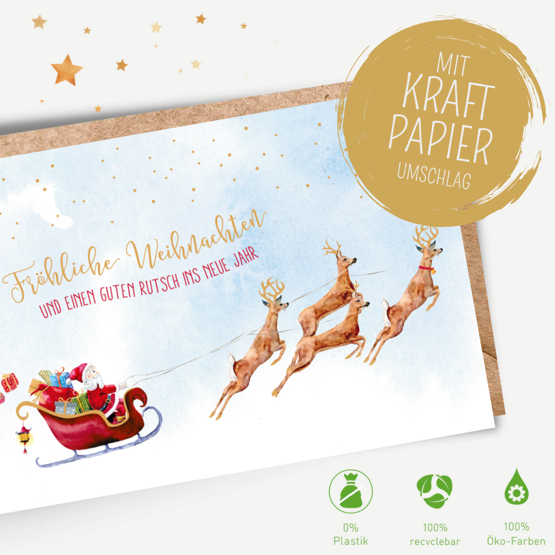Green Karma XMAS Doppelkarte -  Schlitten mit Rentieren
