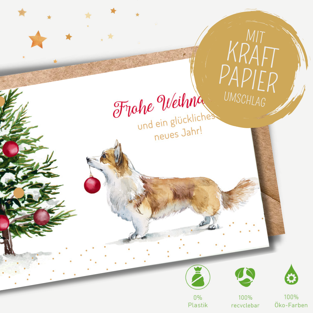 Green Karma XMAS Doppelkarte -  Süßer Corgi schmückt den Baum