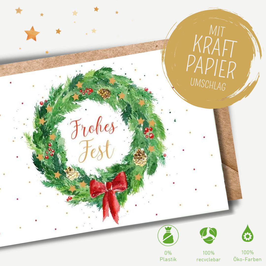 Green Karma XMAS Doppelkarte -  Kranz mit Sternen und Schleife